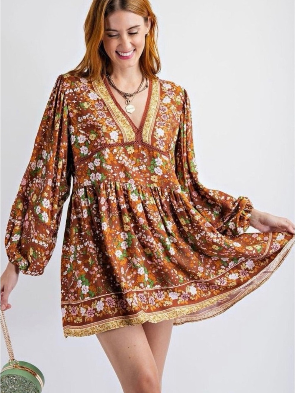 Boho Floral V‑Neck Mini Dress in Rust